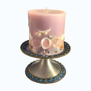 Vintage Beaded Metal Decorative Handle Holder Wit Seashell Jeweled Pillar Candle